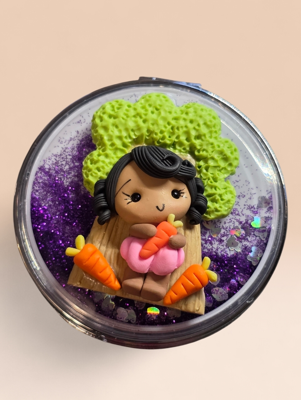 Handmade ArtisanPolymer Clay Girl Compact Mirror - Purple Glitter Garden Edition